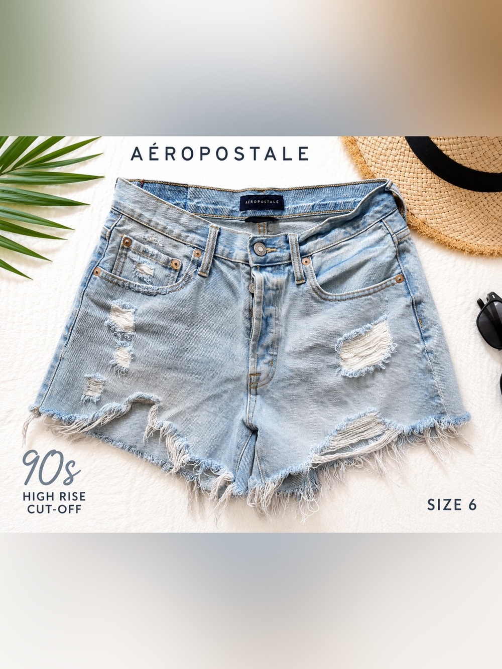 Aeropostale 90s High Rise Cut Off Denim Shorts Distressed Light Wash Size 6